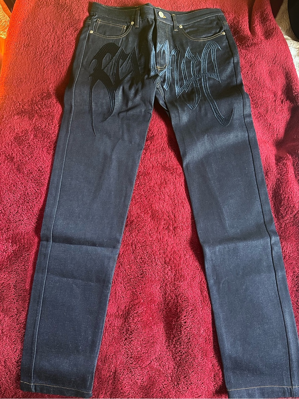 Revenge Clothing Men's Dark Indigo Straight Jeans with Embroidered Arch Logo